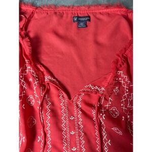 American Eagle Embroidered Peasant Blouse XL Boho Fringe Tie Neck Top